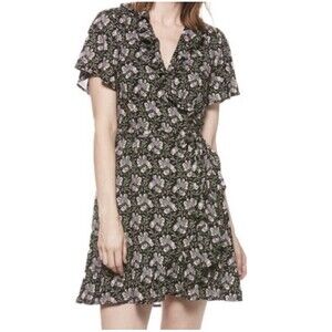 PAIGE Storm Cloud Floral Mini Wrap Dress Ruffle Hem Rayon Size Large